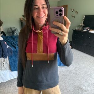 LL BEAN Signature Organic Sweatshirt Anorak Color Block blue red Women’s XS